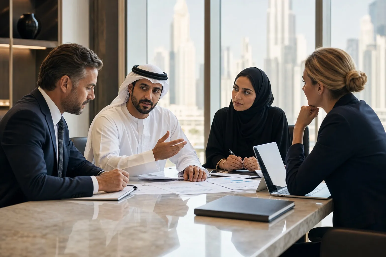 UAE business leaders and senior advisers reviewing financial documents in a Dubai boardroom